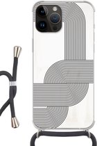 Geschikt voorApple Iphone 14 Pro Max - Crossbody Case - Kunst - Zwart - Wit - Lijn - Siliconen - Crossbody - Backcover met Koord - Telefoonhoesje met koord - Hoesje met touw