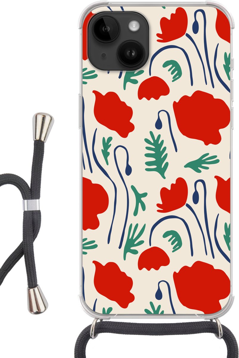 Telefoonhoesje Geschikt voor Apple Iphone 14 - Bloemen - Roos - Patronen - Siliconen - Crossbody - Backcover met Koord - Telefoonhoesje met koord - Hoesje met touw Telefoonhoesje