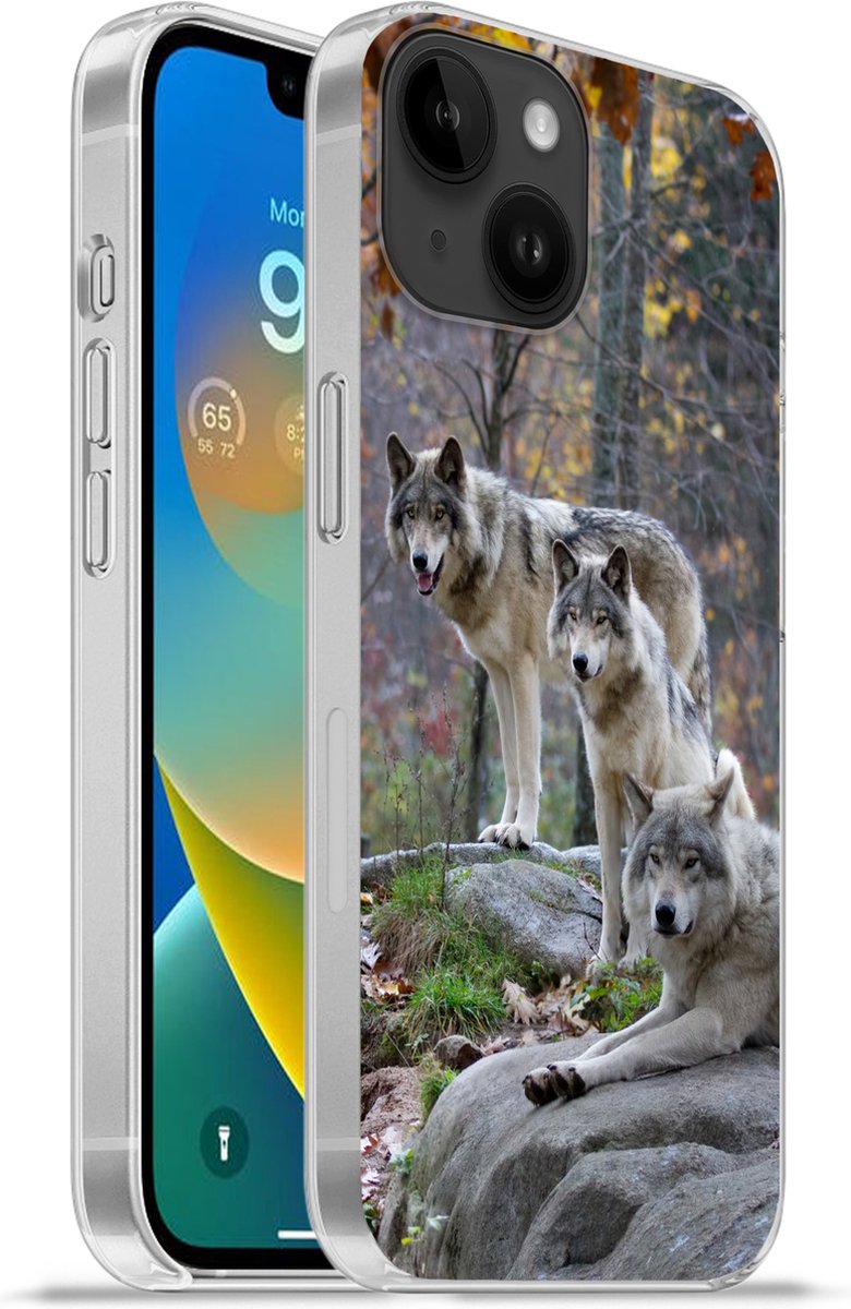 Telefoonhoesje Geschikt voor Apple Iphone 14 hoesje - Wolven - Rots - Bos - Siliconen Telefoonhoesje Telefoonhoesje