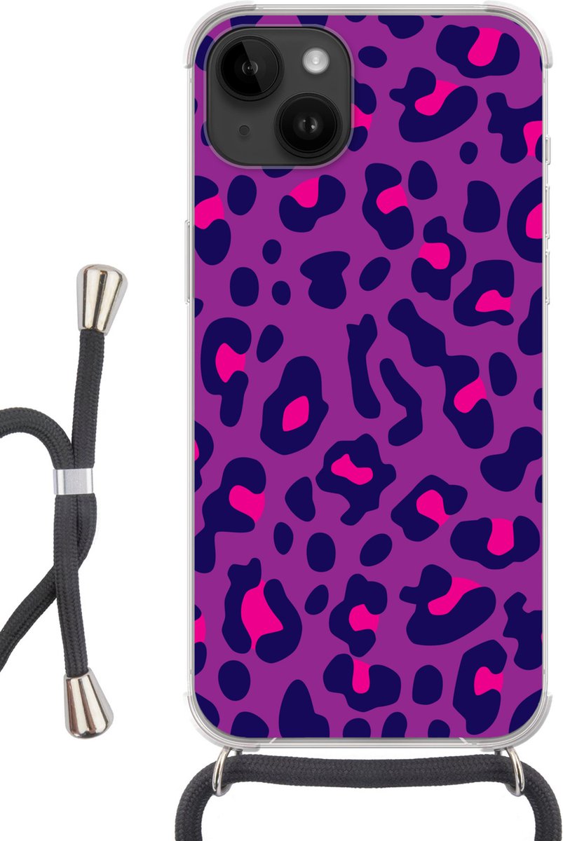 Telefoonhoesje Geschikt voor Apple Iphone 14 - Panterprint - Paars - Roze - Siliconen - Crossbody - Backcover met Koord - Telefoonhoesje met koord - Hoesje met touw Telefoonhoesje