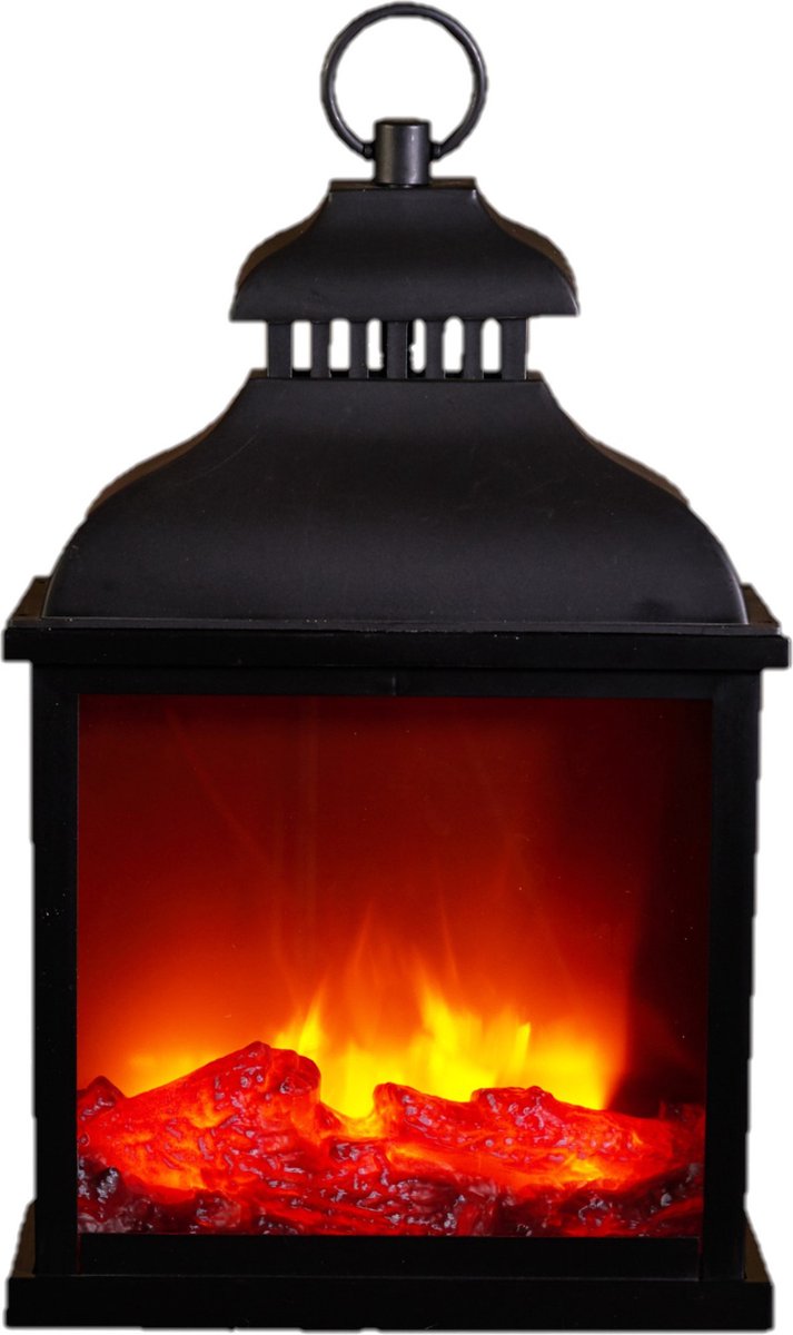 Sfeerhaard/open haard lantaarn zwart met led verlichting L25 x B15 x H425 cm - Woondecoratie/kerstversiering verlichting