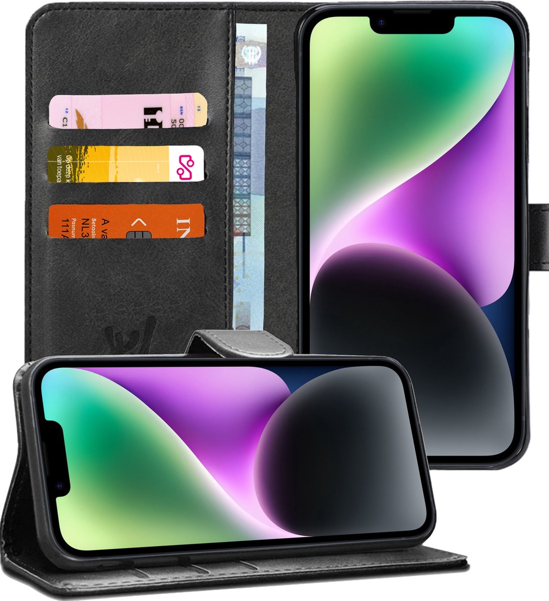 Hoesje geschikt voor iPhone 14 - Book Case Kunstleer Wallet Cover Portemonnee Pasjeshouder Hoes Zwart