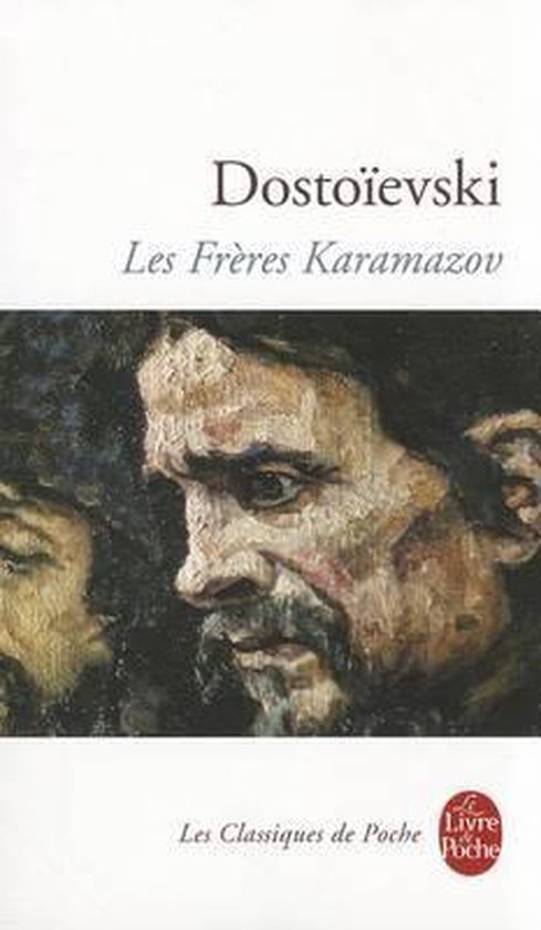 Boekcover van 'Les Frères Karamazov' van Dostojevski, met een schilderij van twee mannen