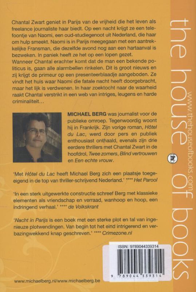 Achterflap van 'Nacht in Parijs' met tekst en foto van Michael Berg.
