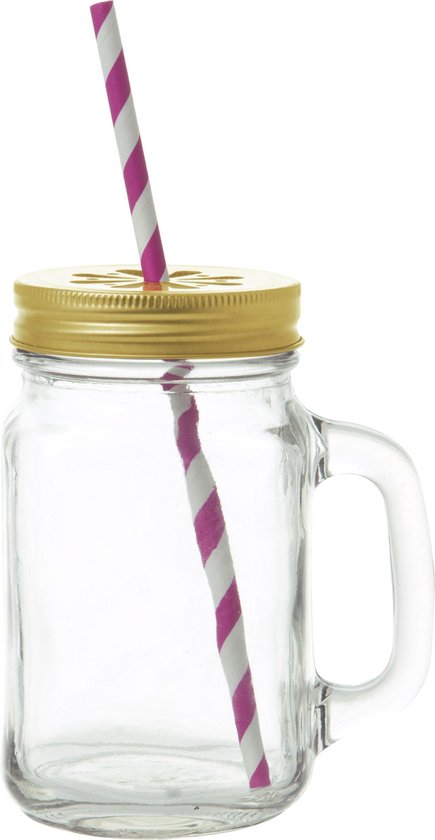 Mason jar with golden lid, incl. straw