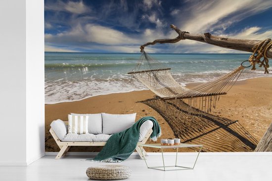 Papier peint Papier peint photo en vinyle - Hamac sur la côte de la mer largeur 450 cm x hauteur 300 cm - Tirage photo sur papier peint (disponible en 7 tailles) / Mer et plage