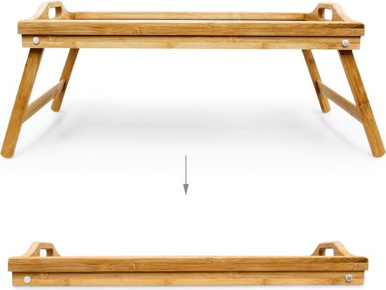 Bamboe bedtafel in uitgevouwen en ingeklapte toestand.