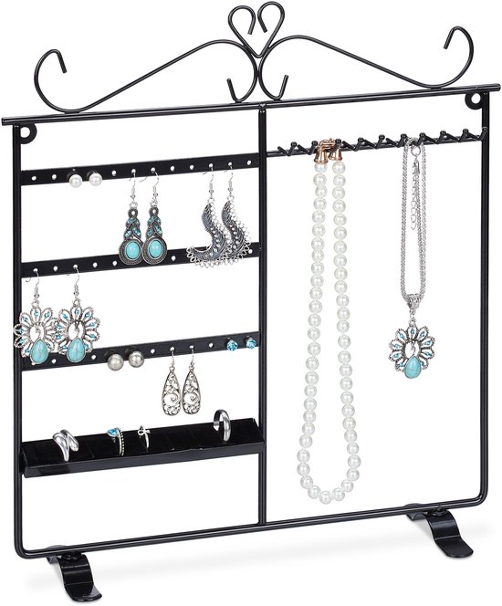 Présentoir à Bijoux à 5 Niveaux En Métal Et Bois - Support Pour Colliers, Boucles D'oreilles, Montres, Bagues (Noir)