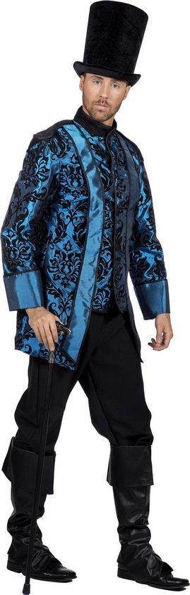 Wilbers & Wilbers - Middeleeuwen & Renaissance Kostuum - Jas Piraat Edelman Rijk Brokaat - Blauw - Maat 56 - Carnavalskleding - Verkleedkleding