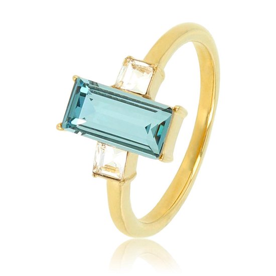 *My Bendel - Damesring met mooie blauwe steen - Mooie goudkleurige ring met blauwe steen en 2 zirkonia stenen - Met luxe cadeauverpakking