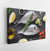 Canvas schilderij - Fresh uncooked dorado or sea bream fish with lemon slices, spices, herbs and vegetables. Mediterranean cuisine. Top view  -     745353781 - 80*60 Horizontal