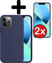 iPhone 13 Pro Hoesje Siliconen Case Back Cover Hoes Donker Blauw Met 2x Screenprotector Dichte Notch - iPhone 13 Pro Hoesje Cover Hoes Siliconen Met 2x Screenprotector