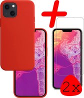 iPhone 13 Mini Hoesje Siliconen Met 2x Screenprotector Tempered Glass - iPhone 13 Mini Screen Protector 2x Beschermglas Full Screen Hoes Back Case - Rood