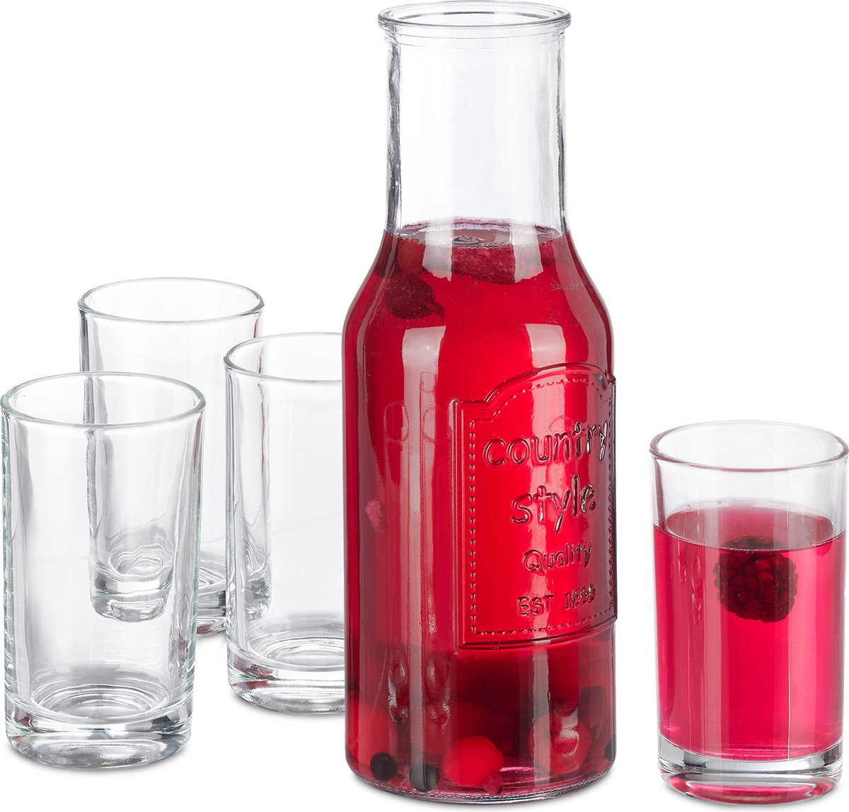 Relaxdays waterkan met glazen, 5-delige set, 1 schenkkan van 1L en 4 drinkglazen van 220 ml, karaf met dop, transparant Relaxdays waterkan met glazen, 5-delige set, 1 schenkkan van 1L en 4 drinkglazen van 220 ml, karaf met dop, transparant