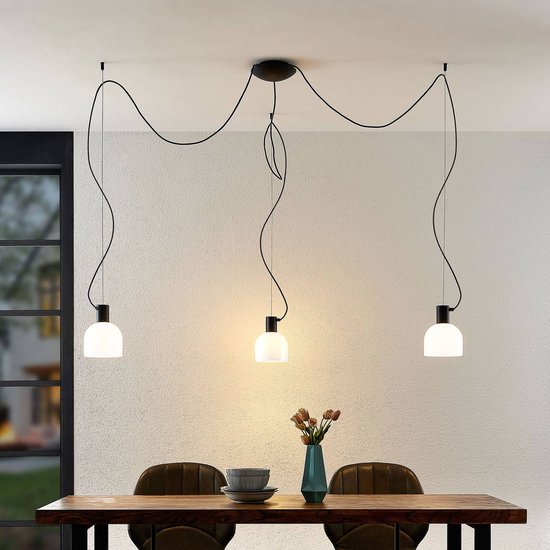Lucande - hanglamp - 3 lichts - glas, ijzer - E27 - wit, zwart