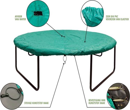 Groene trampoline beschermhoes, 251 cm, met afvoer voor water, elastiek en kunststof haak
