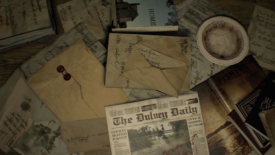 Een stapel brieven, een krant 'The Dulvy Daily' en een boek 'FISHING' op een houten tafel.