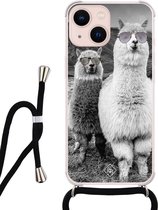 iPhone 13 hoesje met koord - Lama cool hipster | Apple iPhone 13 crossbody case | Zwart, Transparant | Geometrisch patroon