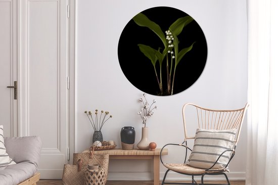 WallCircle - Stickers muraux - Cercle de papier peint - Muguet avec feuilles sur fond noir - ⌀ 140 cm - Cercle mural - Autocollant - Sticker papier peint rond