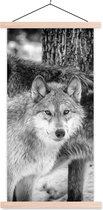 Posterhanger incl. Poster 60x120 cm - Schoolplaat - Groep wolven in zwart-wit - Textielposter - Blanke latten