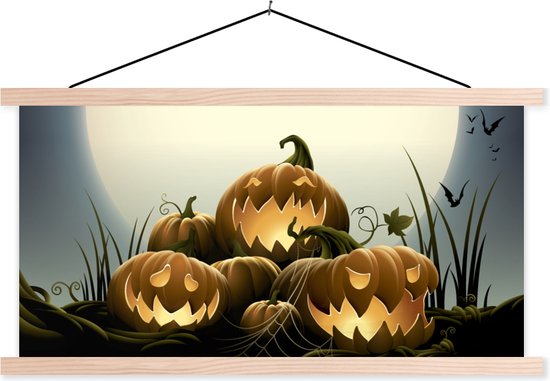 Posterhanger incl. Poster - Schoolplaat - Een illustratie van lachende pompoenen tijdens Halloween - 150x75 cm - Blanke latten