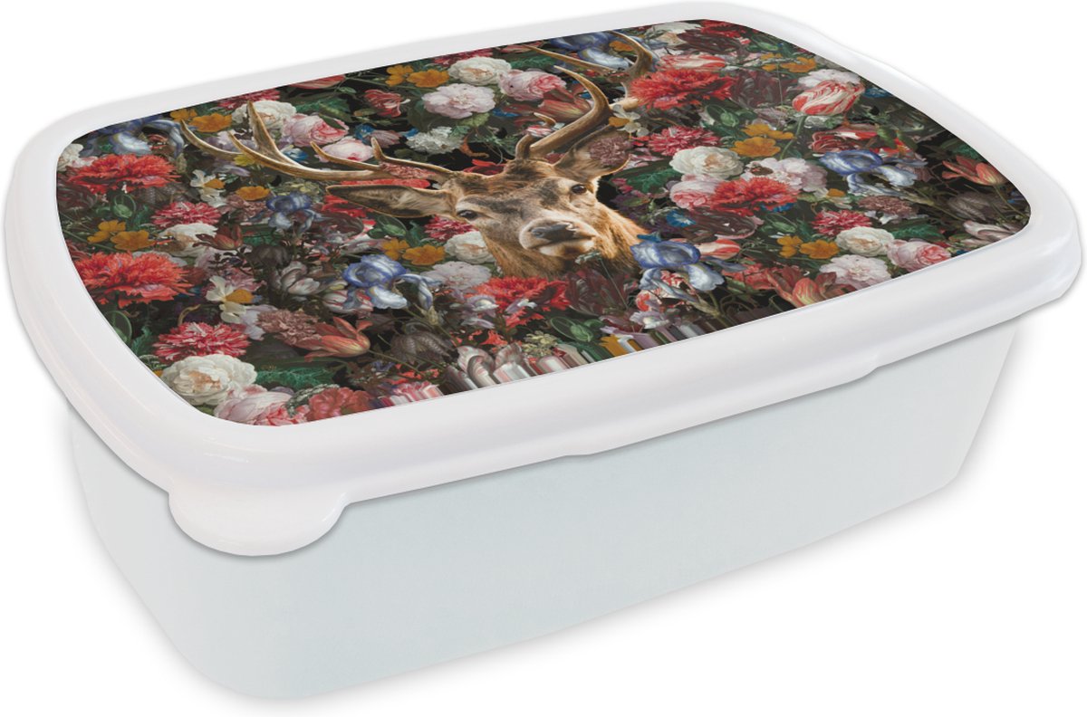 Broodtrommel Wit - Lunchbox - Brooddoos - Hert - Gewei - Bloemen - 18x12x6 cm - Volwassenen