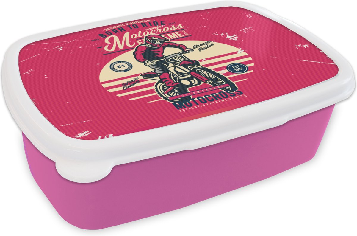 Broodtrommel Roze - Lunchbox - Brooddoos - Man - Motor - Vintage - 18x12x6 cm - Kinderen - Meisje