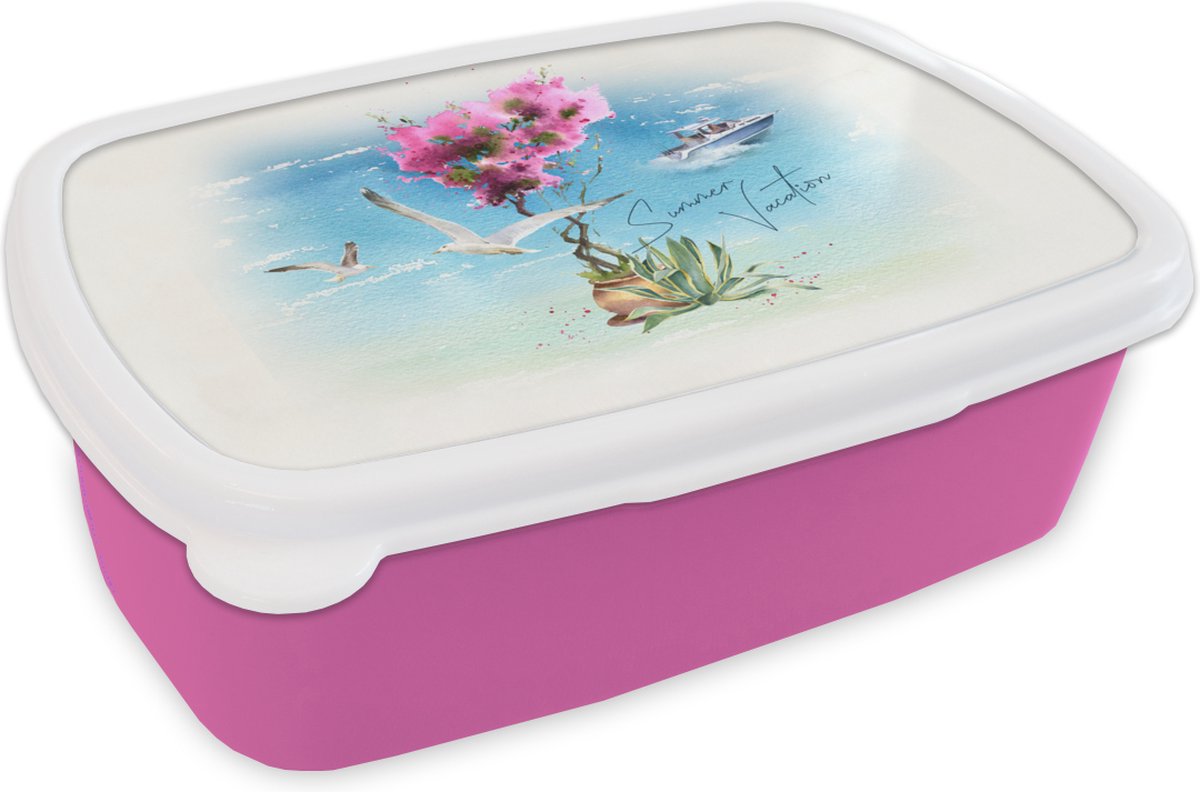 Broodtrommel Roze - Lunchbox - Brooddoos - Bloem - Boot - Waterverf - 18x12x6 cm - Kinderen - Meisje