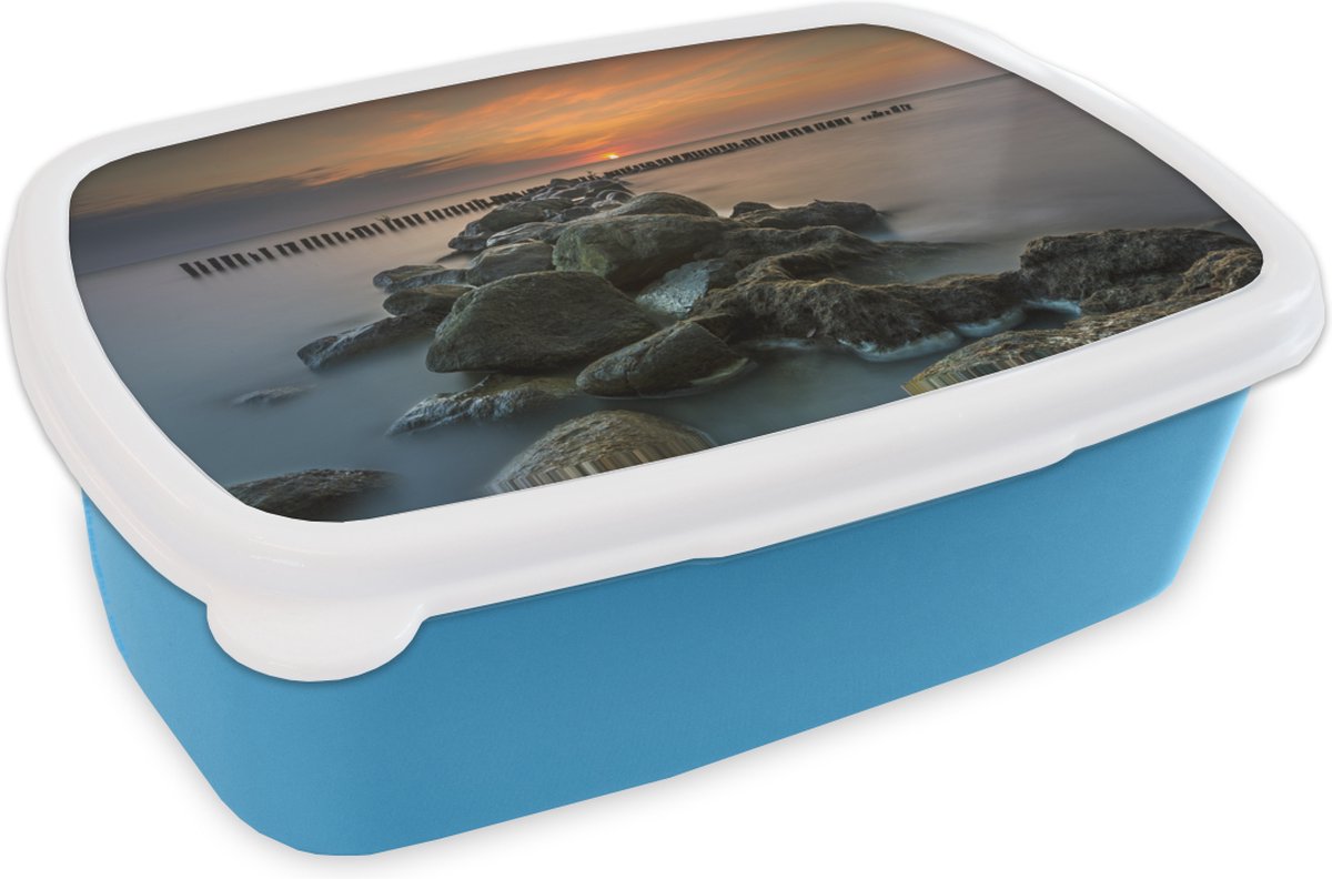 Broodtrommel Blauw - Lunchbox - Brooddoos - Zee - Zon - Stenen - 18x12x6 cm - Kinderen - Jongen