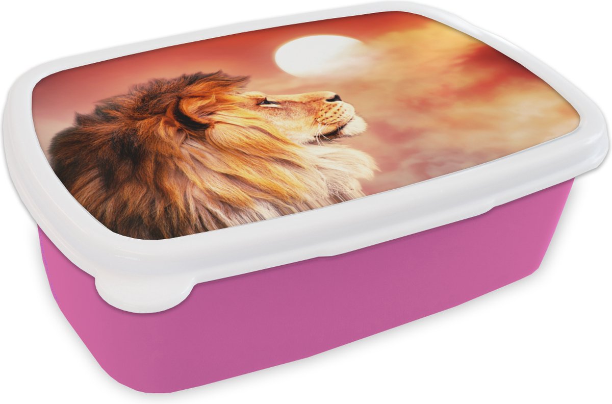 Broodtrommel Roze - Lunchbox - Brooddoos - Leeuwen - Zon - Rood - 18x12x6 cm - Kinderen - Meisje