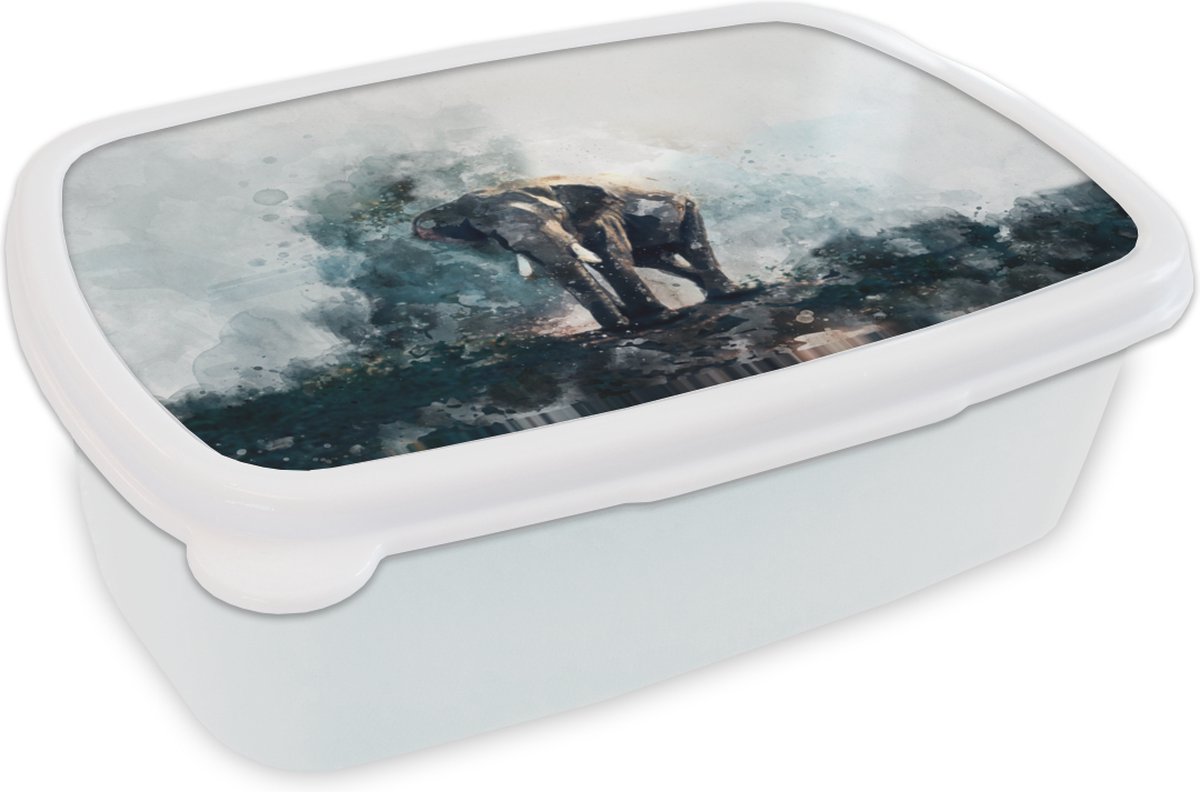 Broodtrommel Wit - Lunchbox - Brooddoos - Olifant - Waterverf - Blauw - 18x12x6 cm - Volwassenen