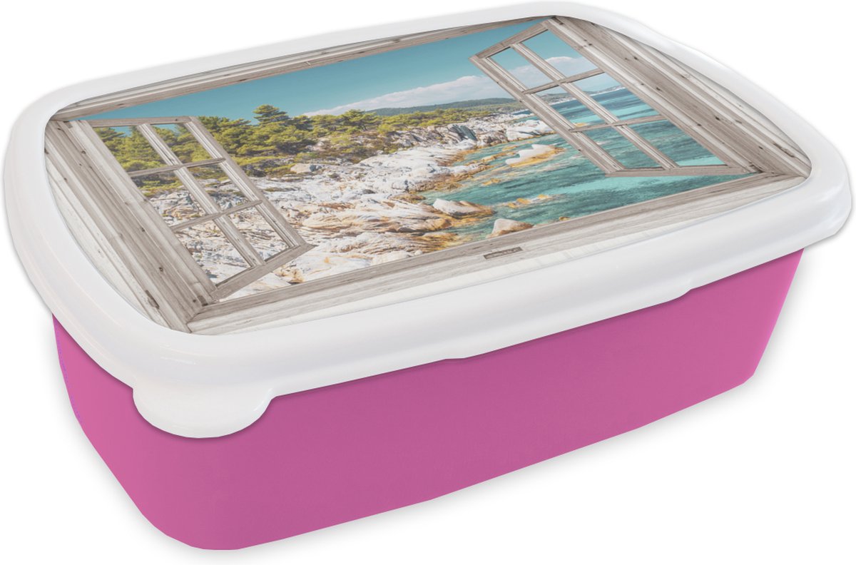 Broodtrommel Roze - Lunchbox - Brooddoos - Doorkijk - Boom - Zee - 18x12x6 cm - Kinderen - Meisje
