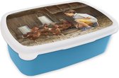 Broodtrommel Blauw - Lunchbox - Brooddoos - Jongen - Kippen - Kippenhok - 18x12x6 cm - Kinderen - Jongen