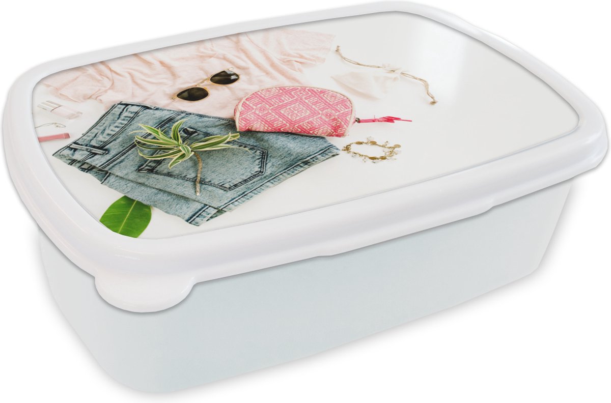 Broodtrommel Wit - Lunchbox - Brooddoos - Kleren - Zonnebril - Shirt - 18x12x6 cm - Volwassenen
