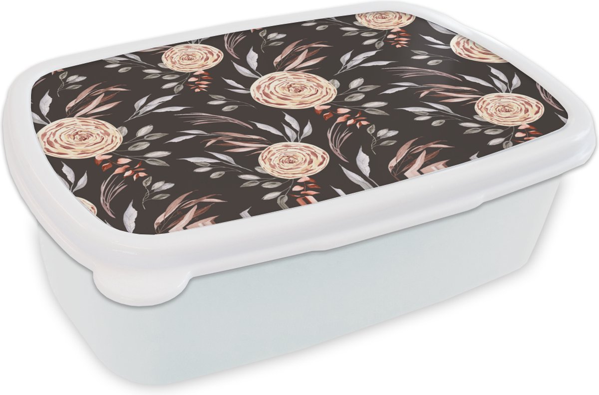 Broodtrommel Wit - Lunchbox - Brooddoos - Rozen - Natuur - Bruin - 18x12x6 cm - Volwassenen