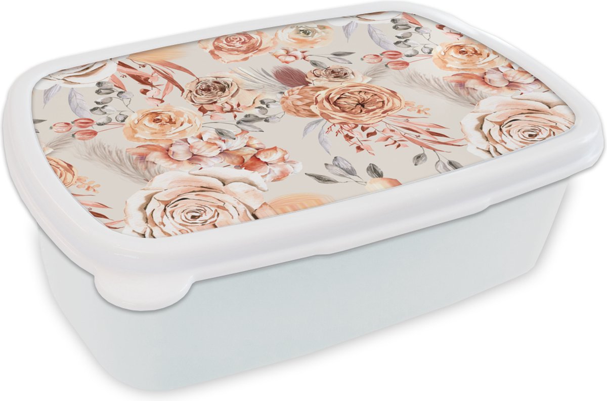 Broodtrommel Wit - Lunchbox - Brooddoos - Rozen - Oranje - Bruin - Rood - 18x12x6 cm - Volwassenen