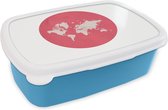 Broodtrommel Blauw - Lunchbox - Brooddoos - Wereldkaart - Roze - Cirkel - 18x12x6 cm - Kinderen - Jongen