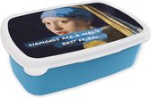 Broodtrommel Blauw - Lunchbox - Brooddoos - Vermeer - Meisje met de parel - Quote - 18x12x6 cm - Kinderen - Jongen