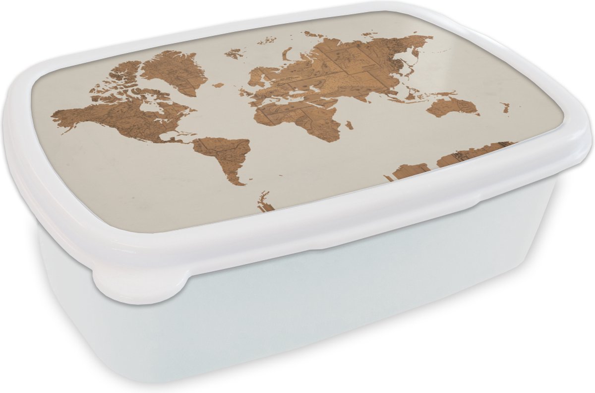 Broodtrommel Wit - Lunchbox - Brooddoos - Wereldkaart - Vintage - Kaarten - 18x12x6 cm - Volwassenen