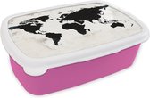 Broodtrommel Roze - Lunchbox - Brooddoos - Wereldkaart - Zwart - Hout - 18x12x6 cm - Kinderen - Meisje