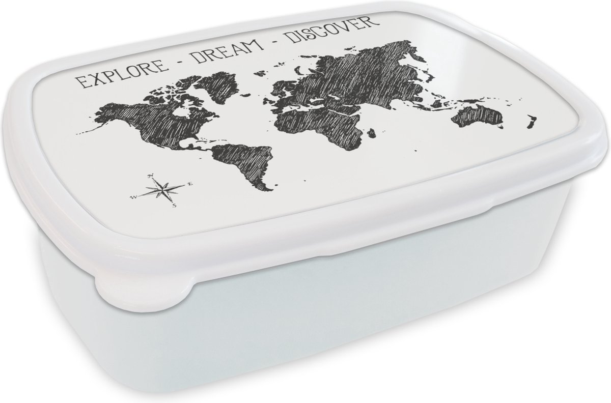 Broodtrommel Wit - Lunchbox - Brooddoos - Wereldkaart - Quote - Windroos - 18x12x6 cm - Volwassenen
