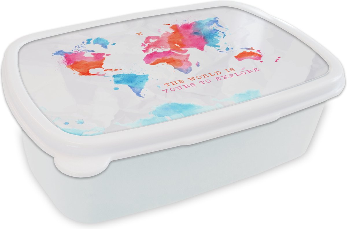 Broodtrommel Wit - Lunchbox - Brooddoos - Kaart - Wereld - Spreuken - 18x12x6 cm - Volwassenen