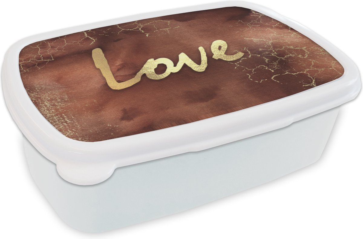 Broodtrommel Wit - Lunchbox - Brooddoos - Quote - Liefde - Bruin - Goud - 18x12x6 cm - Volwassenen