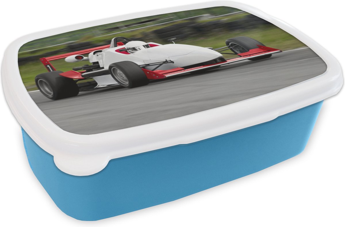 Broodtrommel Blauw - Lunchbox - Brooddoos - Rood-witte raceauto - 18x12x6 cm - Kinderen - Jongen