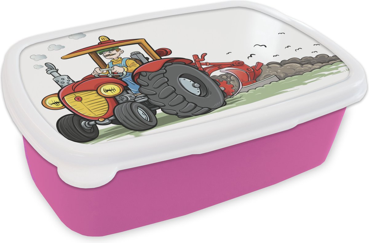 Broodtrommel Roze - Lunchbox - Brooddoos - Trekker - Boer - Rood - 18x12x6 cm - Kinderen - Meisje
