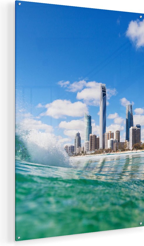Artaza Glasschilderij - Golf aan de Gold Coast  - 90x135 - Groot - Plexiglas Schilderij - Foto op Glas