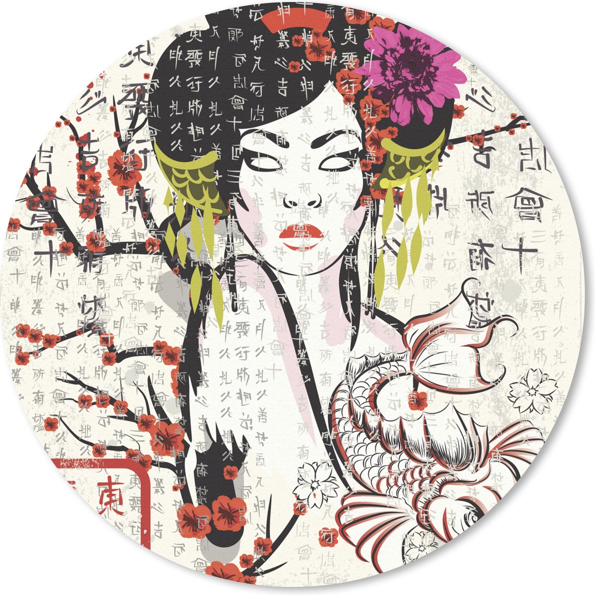 Muismat rond 50x50 cm - Mousepad Japanse illustratie traditionele vrouw - Ronde muismatten