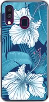 Geschikt voor Samsung Galaxy A40 hoesje - Tropisch - Bloemen - Blauw - Siliconen Telefoonhoesje