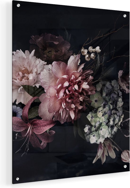 Artaza Glasschilderij - Diverse Bloemen Op Zwart Achtergrond - 40x50 - Plexiglas Schilderij - Foto op Glas