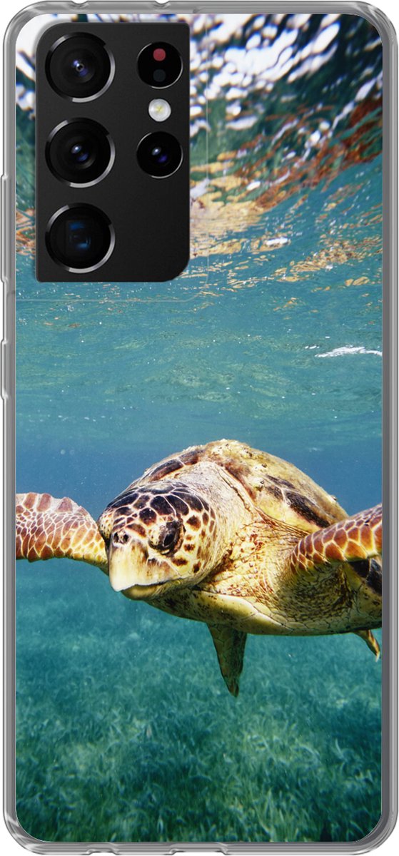 Telefoonhoesje Geschikt voor Samsung Galaxy S21 Ultra hoesje - Schildpad - Water - Blauw - Siliconen Telefoonhoesje Telefoonhoesje